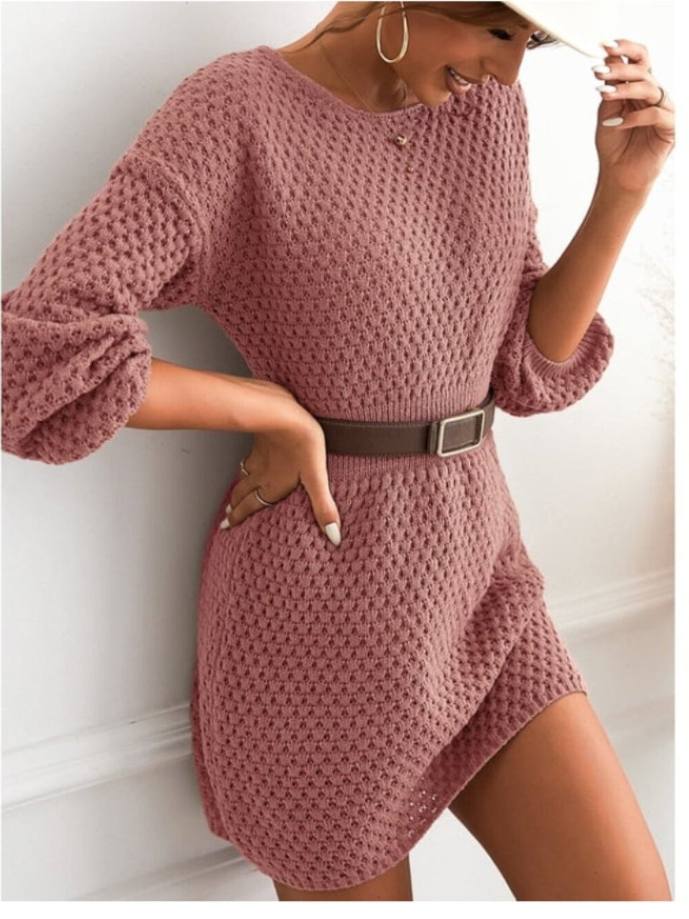 CUPSHE Women's Dress Round Neck Textured Knit Mini Sweater Dress - Picture 6 of 6